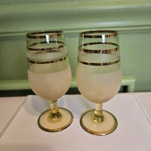 Vintage MCM Frosted Gold Trim Cordial Glasses X2
